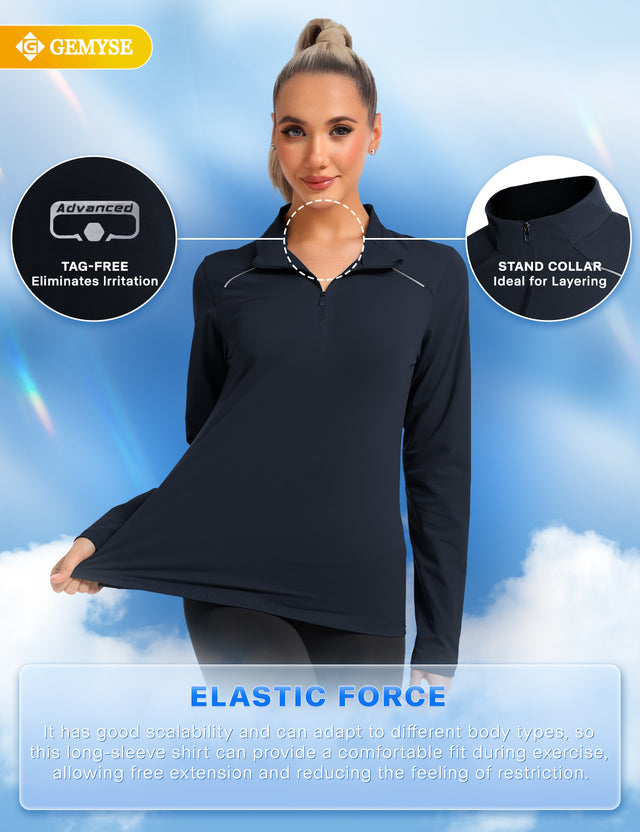 GEMYSE Women's 1/4 Zip Pullover Shirts Long Sleeve Workout Tops Quick Dry Casual Rash Guard Shirts