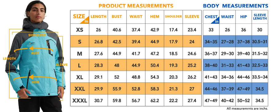 Colorful ski jacket or winter coat with size chart information.