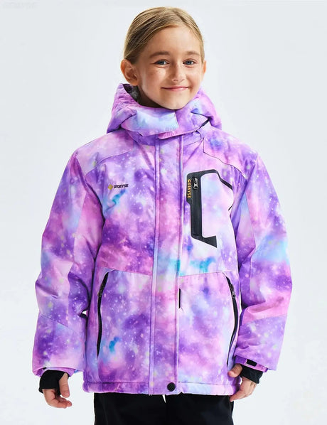 Vibrant purple and blue tie-dye patterned winter jacket worn by a child.