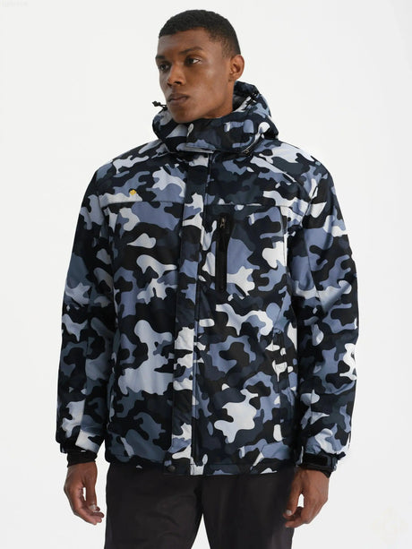 Camouflage patterned winter jacket with a hood.