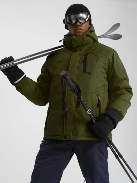 Skier wearing a green jacket, goggles, and gloves while holding ski poles.