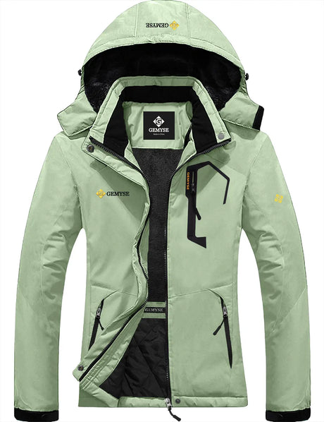 Mint green waterproof jacket with a hood and multiple pockets.