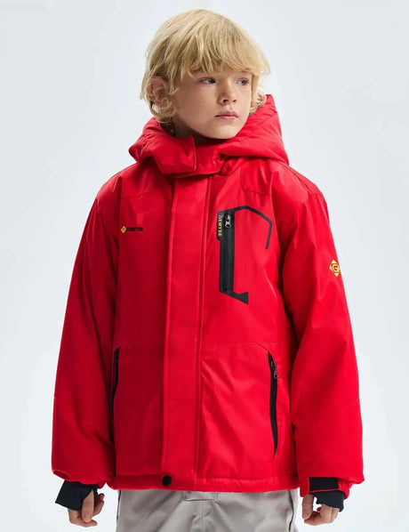 Bright red winter jacket with a high collar and zippered pockets.