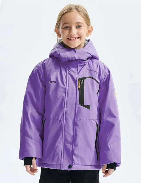 Purple winter jacket with a hood worn by a smiling child.