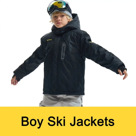 Young person in black hooded ski jacket from Boy Ski Jackets collection.