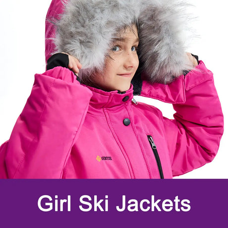 Bright pink girl ski jacket with fluffy gray fur-trimmed hood in collection.