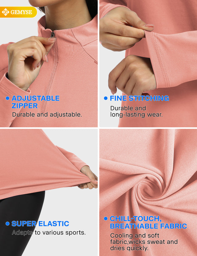 GEMYSE Women's 1/4 Zip Pullover Shirts Long Sleeve Workout Tops Quick Dry Casual Rash Guard Shirts