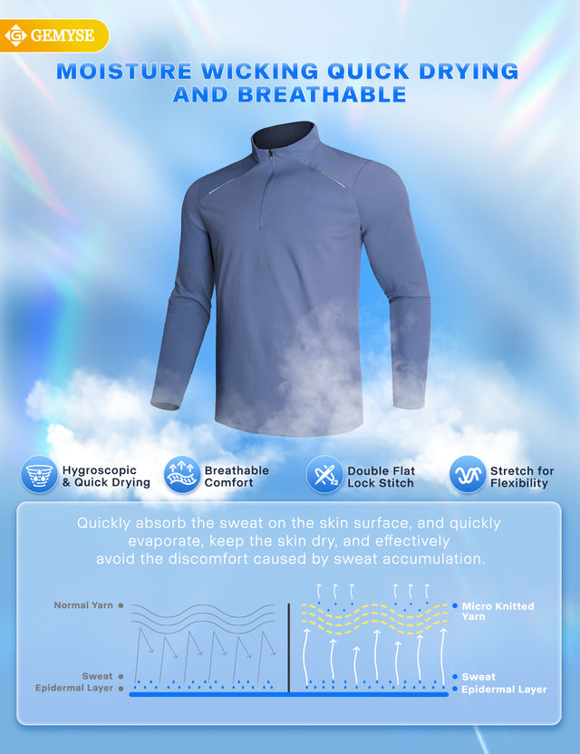 GEMYSE Men's Quarter Zip Pullover Long Sleeve Running Shirt 1/4 Zip Quick Dry Athletic Workout Shirts
