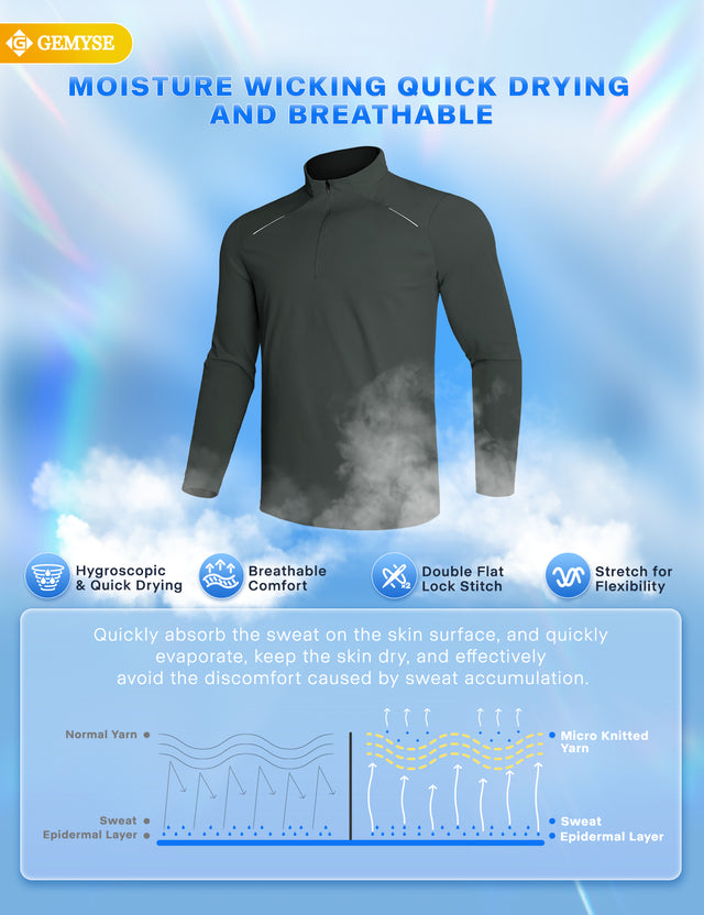 GEMYSE Men's Quarter Zip Pullover Long Sleeve Running Shirt 1/4 Zip Quick Dry Athletic Workout Shirts
