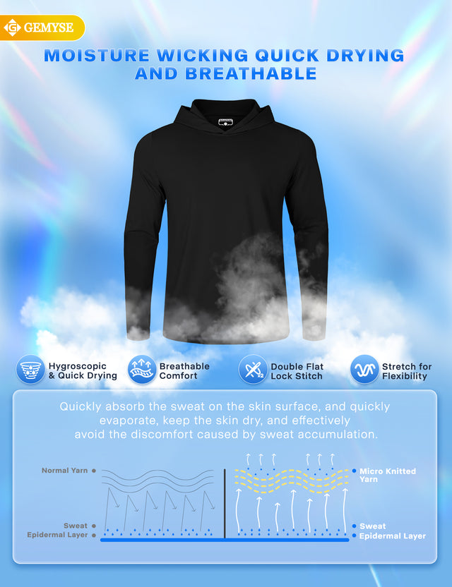 GEMYSE Sun Shirt UPF 50+ Men's Fishing Long Sleeve UV Protection Hoodie Hiking Rash Guard Athletic Running