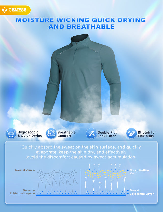 GEMYSE Men's Quarter Zip Pullover Long Sleeve Running Shirt 1/4 Zip Quick Dry Athletic Workout Shirts