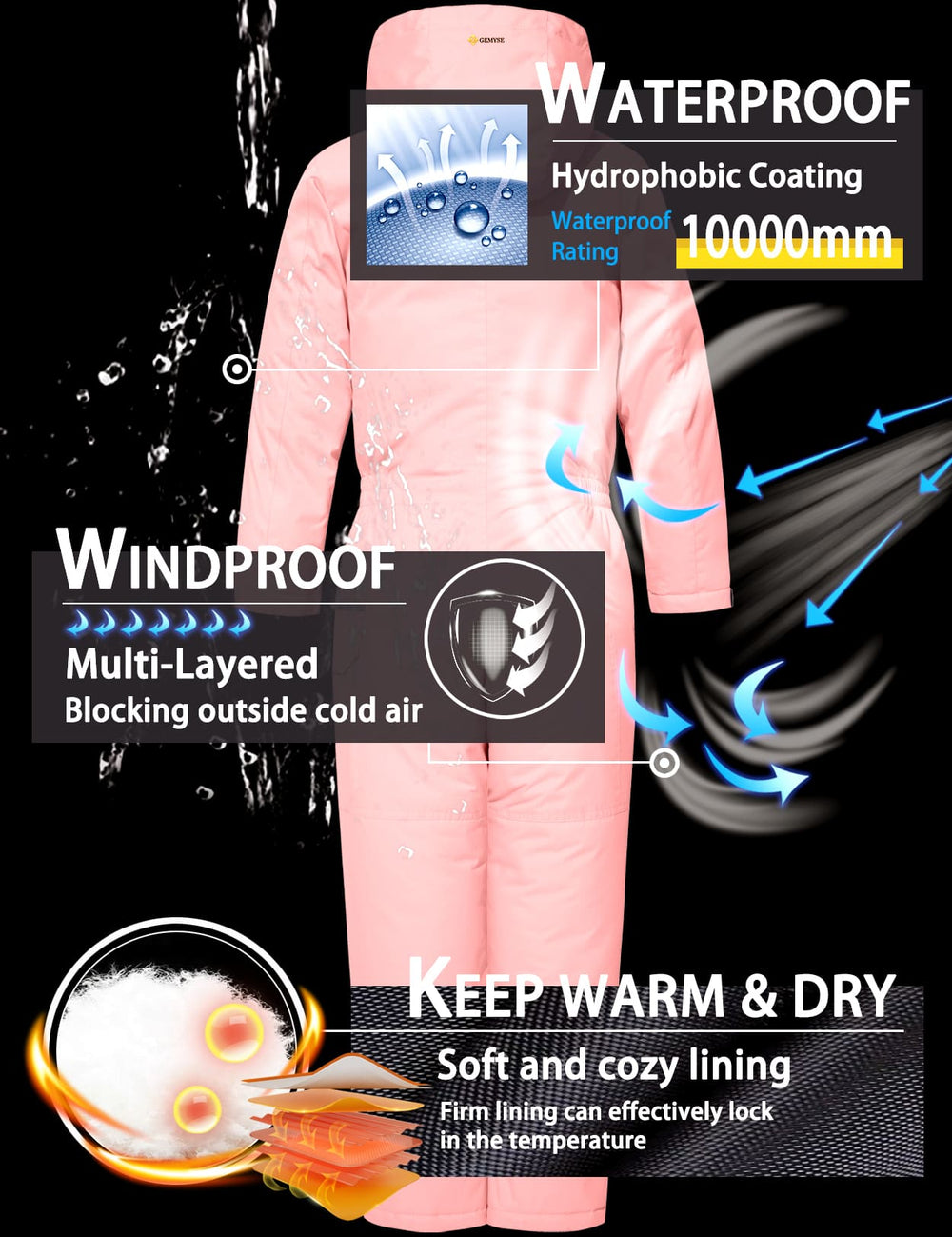 GEMYSE Kids One Pieces Ski Suits Jumpsuits Boys Girls' Winter Outdoor Snowboarding Waterproof Snowsuits