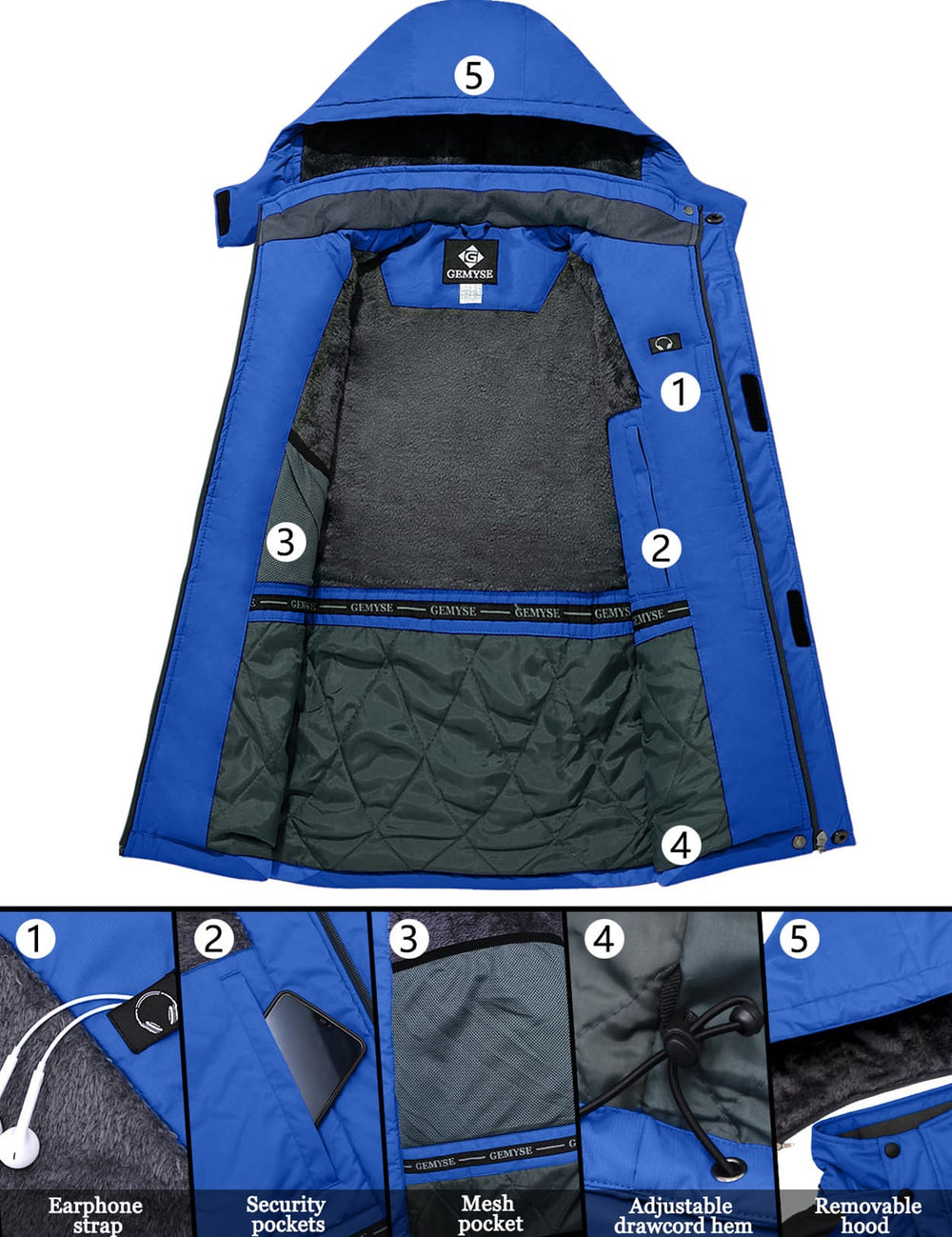 GEMYSE Men's Ski Snow Jacket Warm Winter Waterproof Coat Snowboard Rain Jacket Hooded Windproof Windbreaker