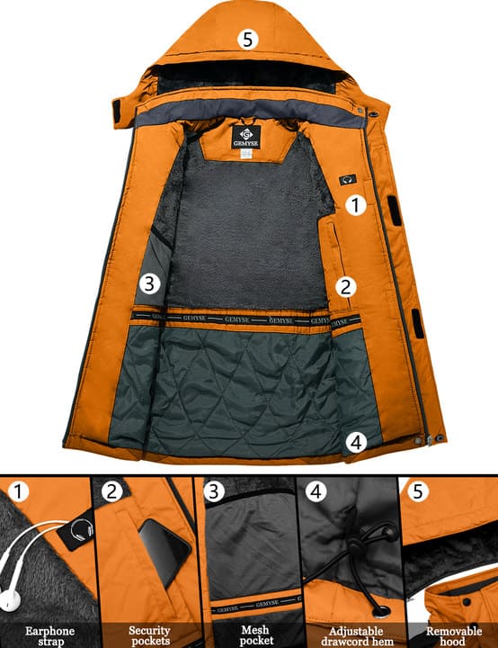 GEMYSE Men's Ski Snow Jacket Warm Winter Waterproof Coat Snowboard Rain Jacket Hooded Windproof Windbreaker