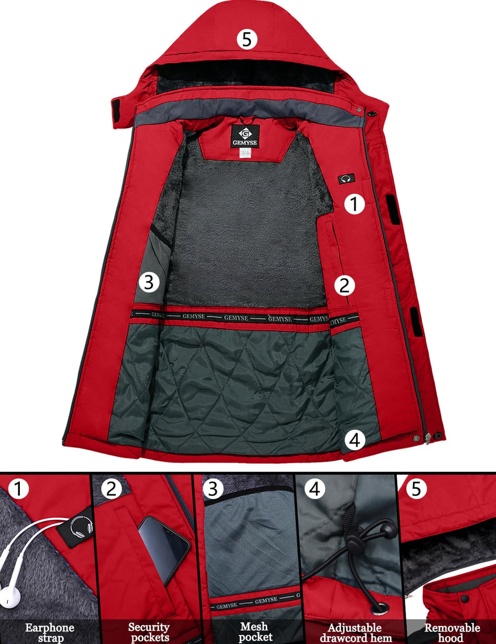 GEMYSE Men's Ski Snow Jacket Warm Winter Waterproof Coat Snowboard Rain Jacket Hooded Windproof Windbreaker