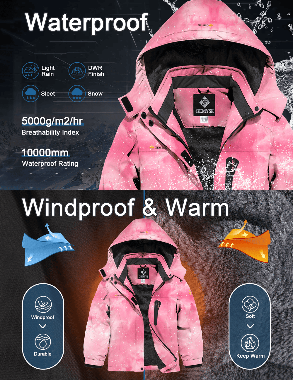 GEMYSE Girl's Waterproof Ski Snow Jacket Hooded Fleece Lined Windproof Winter Jacket