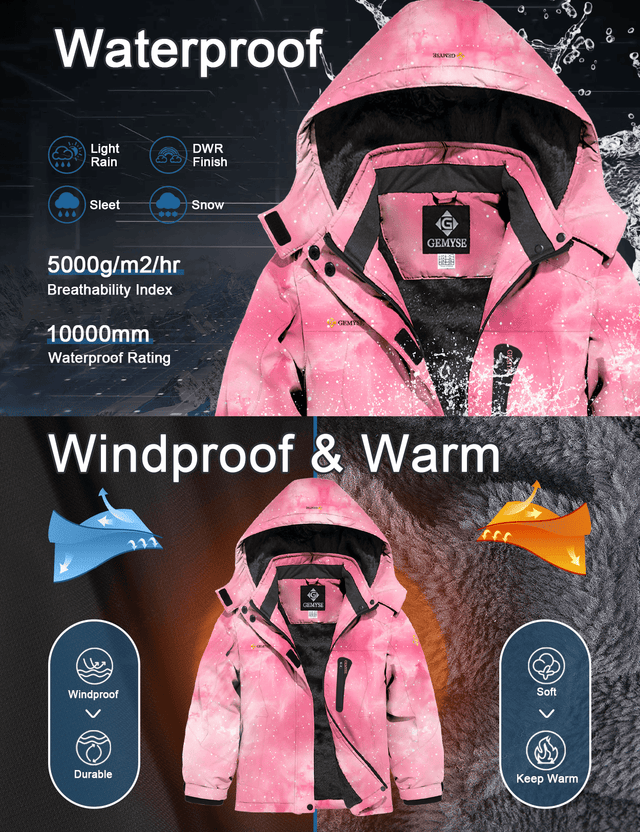GEMYSE Girl's Waterproof Ski Snow Jacket Hooded Fleece