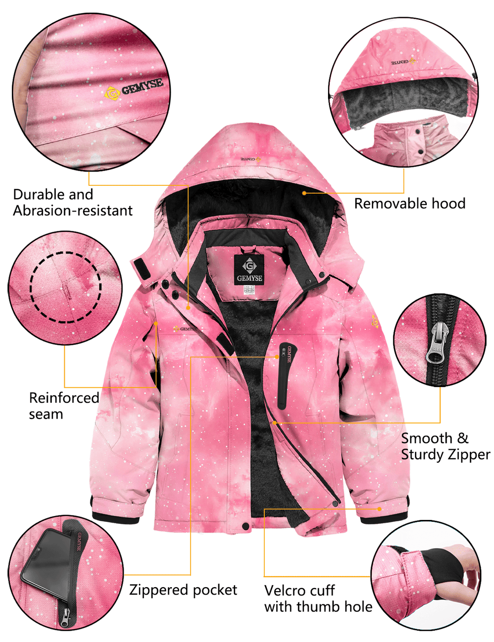 GEMYSE Girl's Waterproof Ski Snow Jacket Hooded Fleece Lined Windproof Winter Jacket