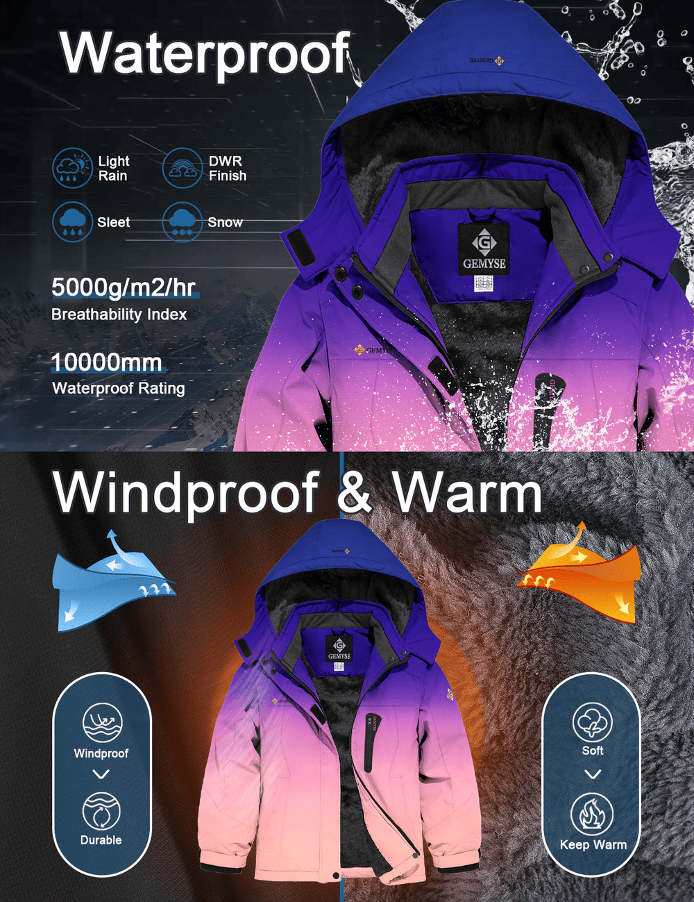 GEMYSE Girl's Waterproof Ski Snow Jacket Hooded Fleece Lined Windproof Winter Jacket