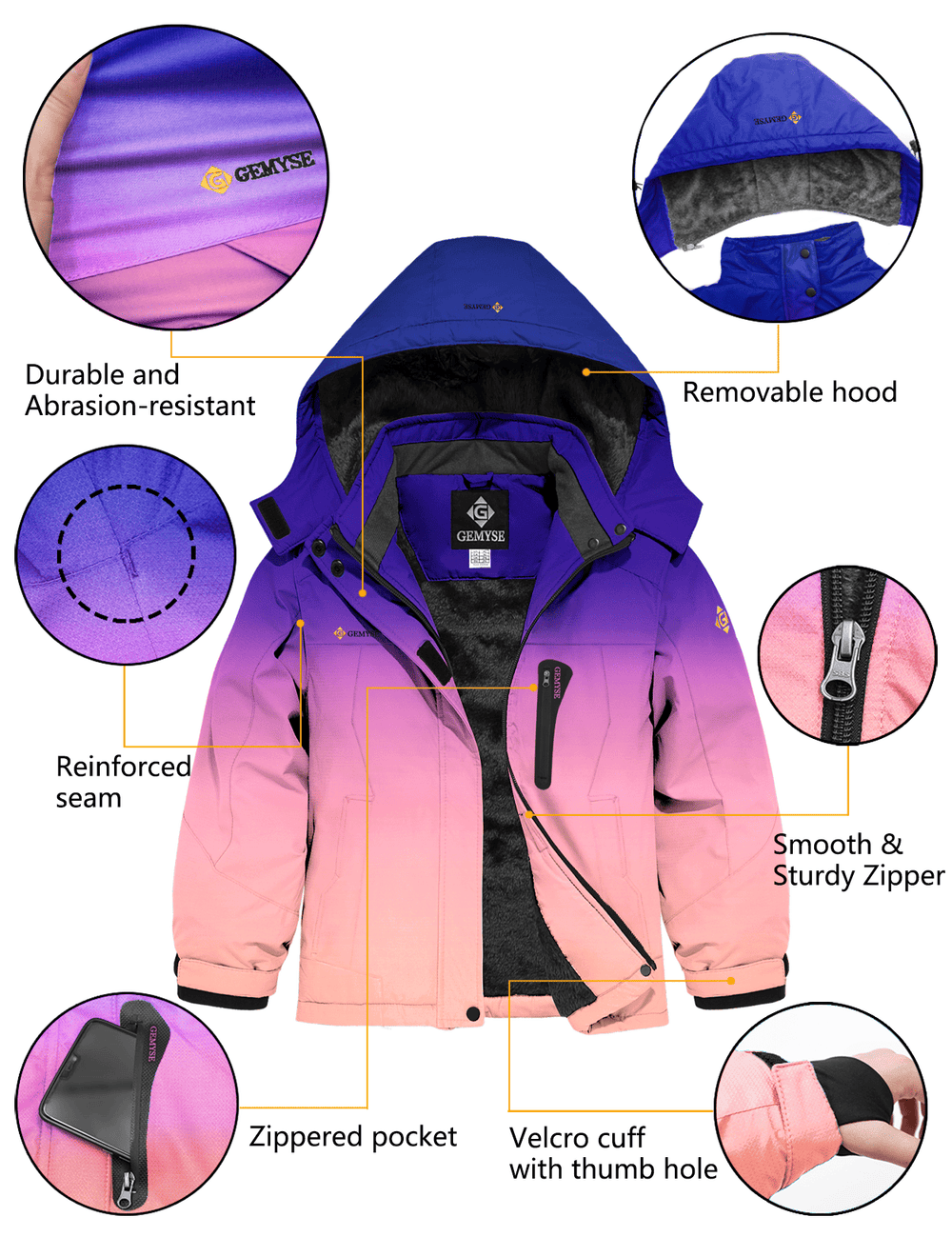 GEMYSE Girl's Waterproof Ski Snow Jacket Hooded Fleece Lined Windproof Winter Jacket