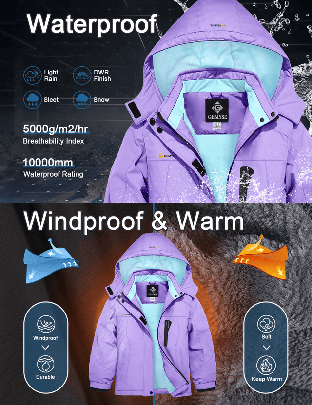 GEMYSE Girl's Waterproof Ski Snow Jacket Hooded Fleece