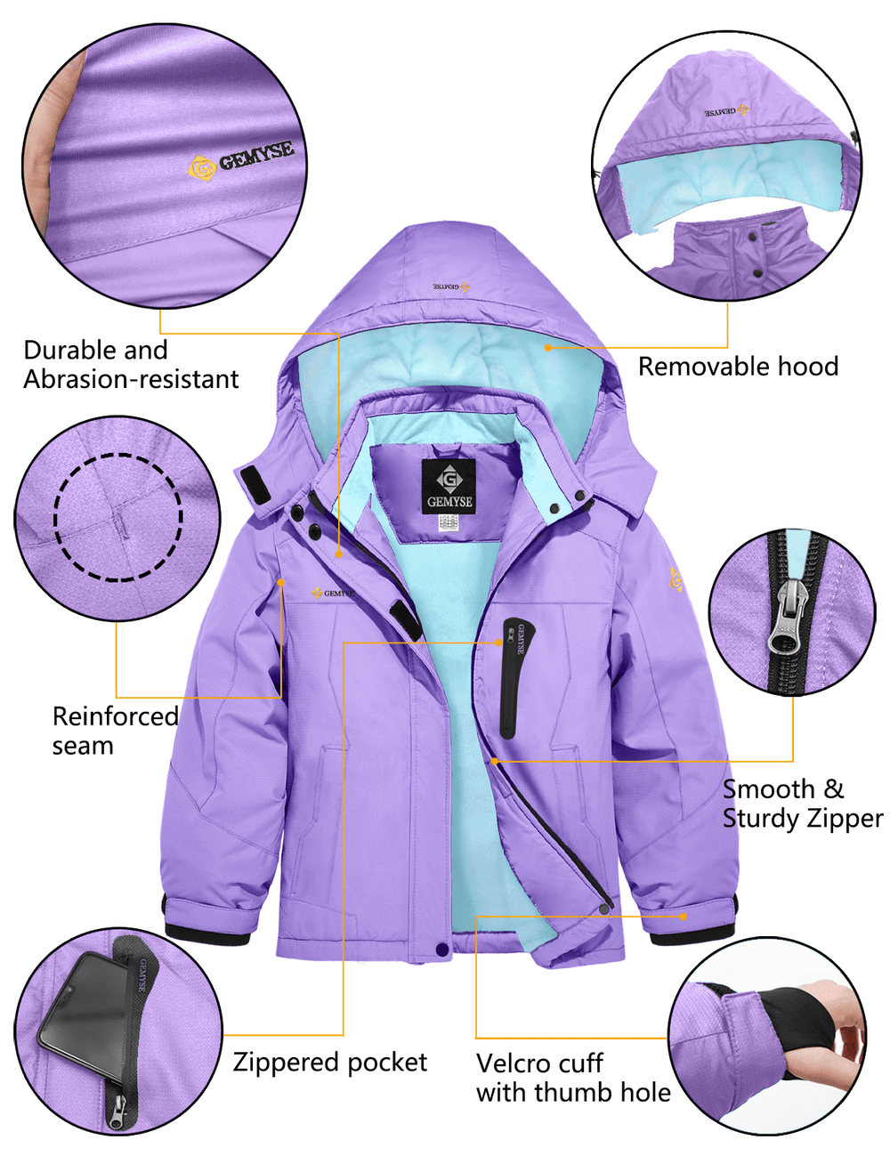 GEMYSE Girl's Waterproof Ski Snow Jacket Hooded Fleece Lined Windproof Winter Jacket