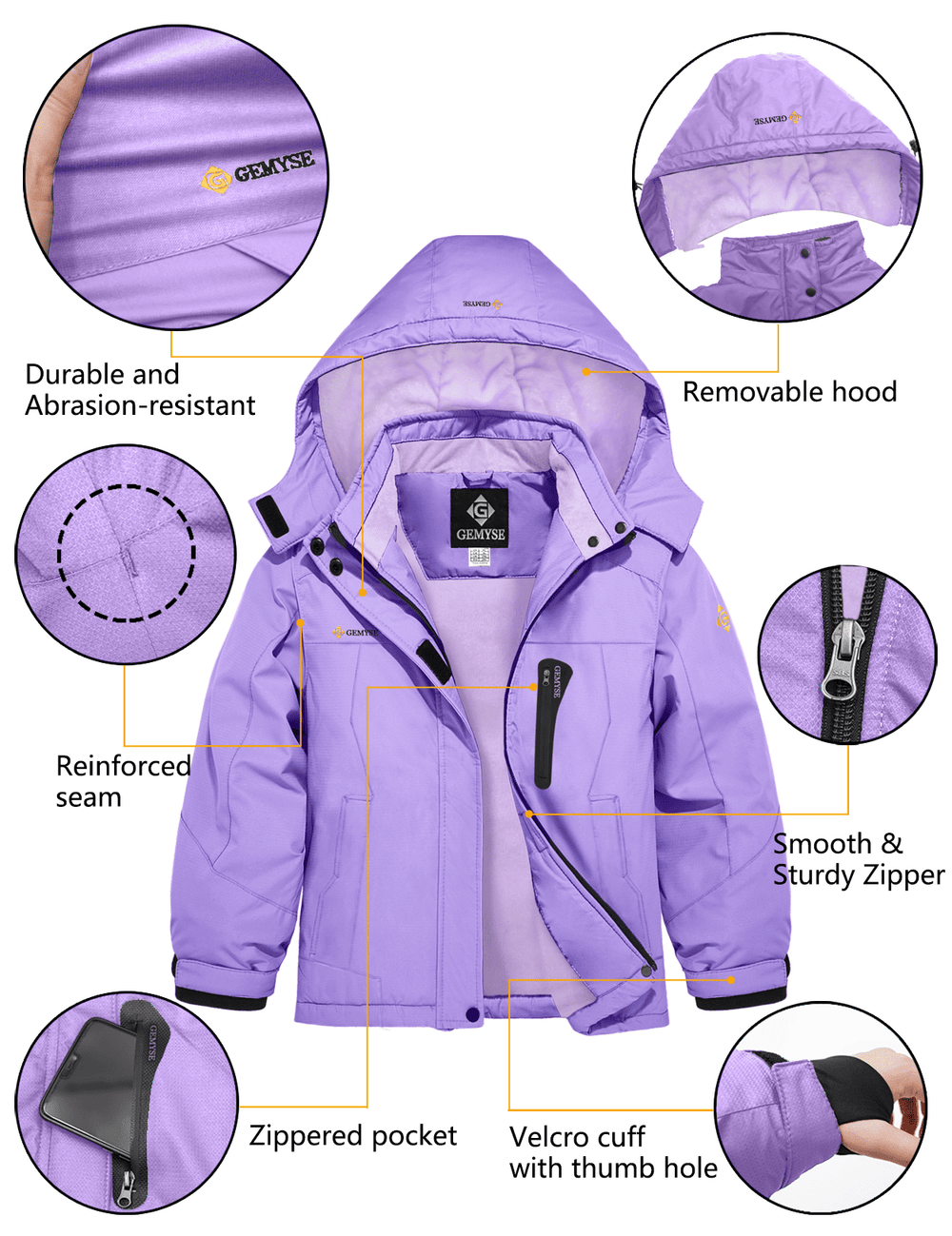 GEMYSE Girl's Waterproof Ski Snow Jacket Hooded Fleece Lined Windproof Winter Jacket
