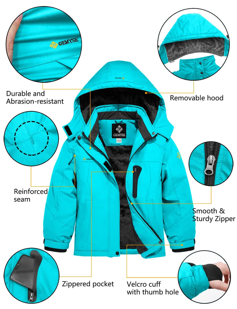 GEMYSE Girl's Waterproof Ski Snow Jacket Hooded Fleece Lined Windproof Winter Jacket