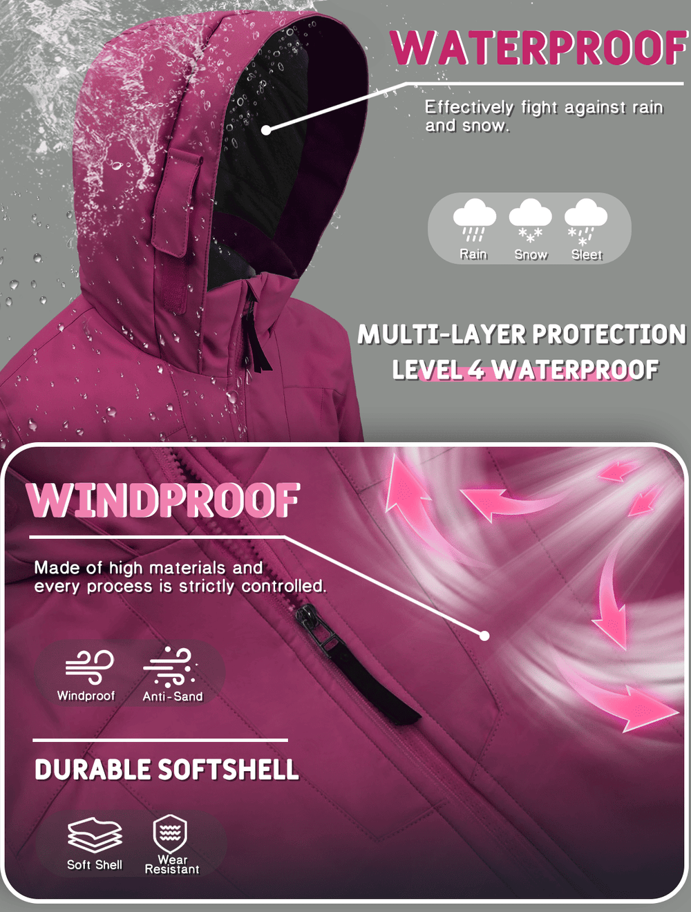 GEMYSE Girls Winter Jackets Waterproof Windpoof Ski Snow Jacket Warm Quilted Coats Kids Outerwear with Hood