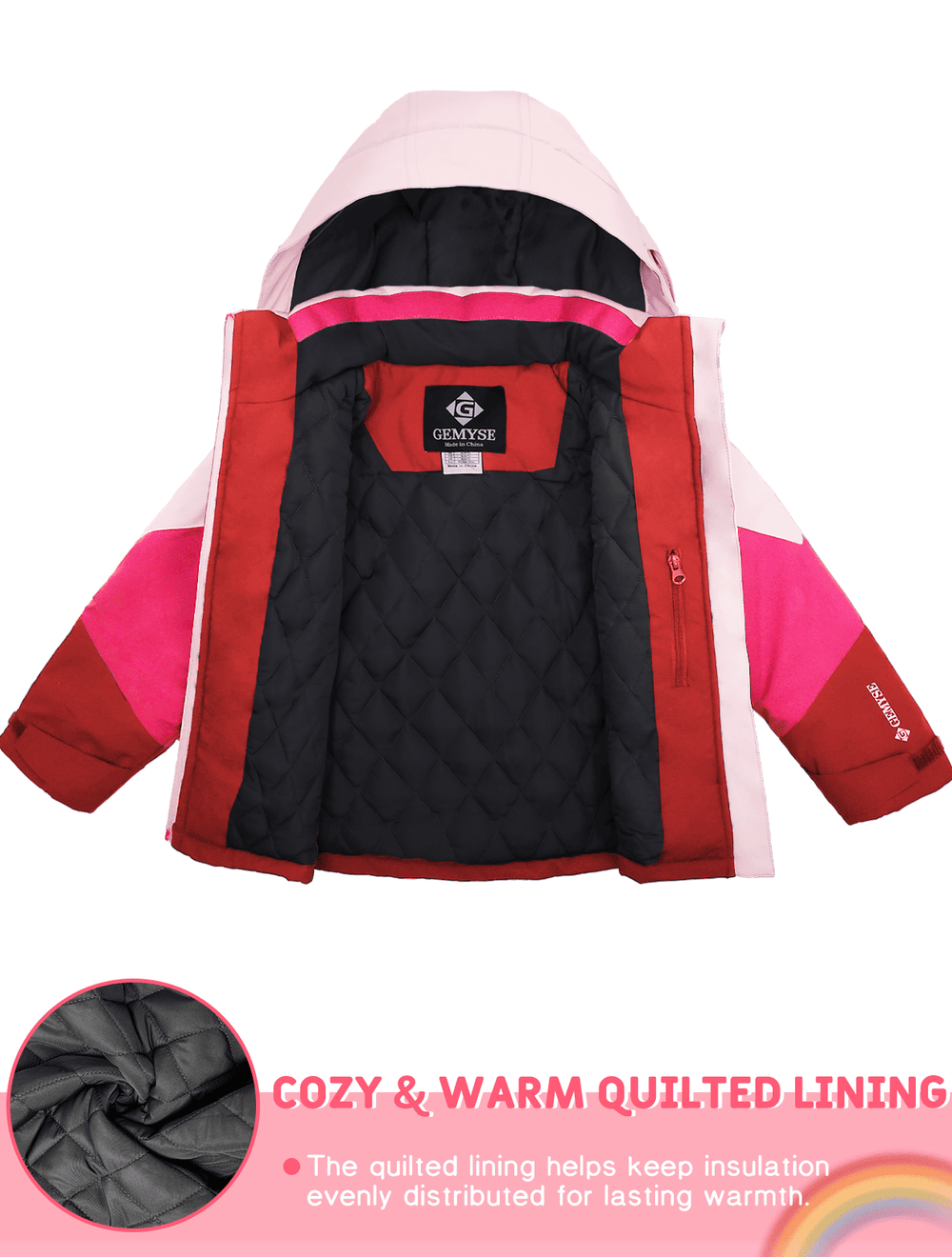 GEMYSE Girls Winter Coat Waterproof Windproof Girls Ski Jacket with Hood Kids Quilted Outerwear