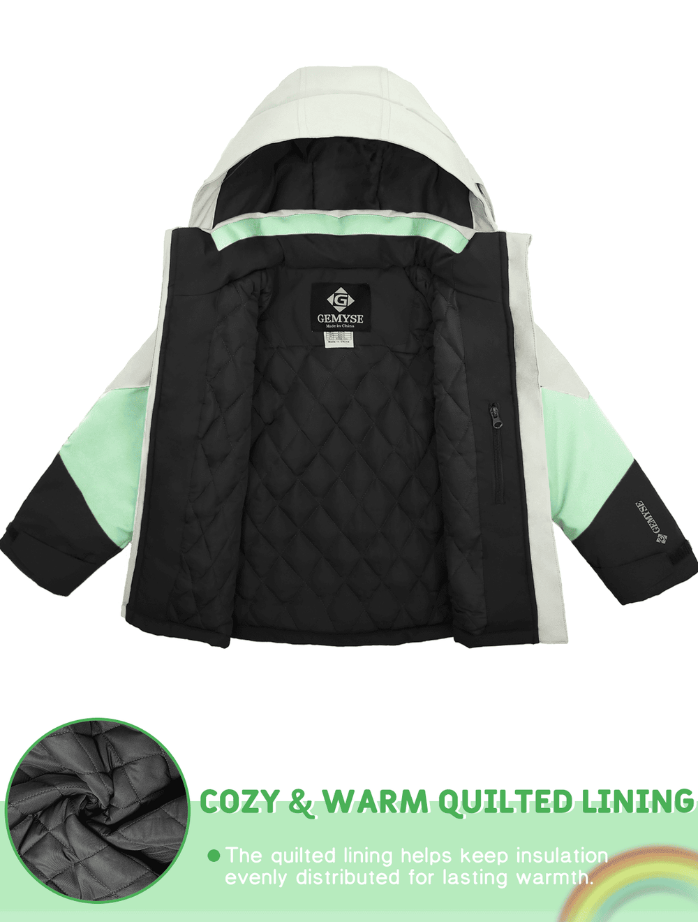GEMYSE Girls Winter Coat Waterproof Windproof Girls Ski Jacket with Hood Kids Quilted Outerwear
