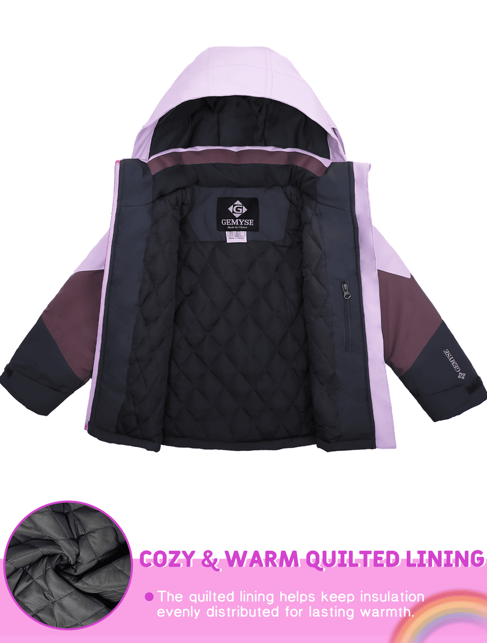 GEMYSE Girls Winter Coat Waterproof Windproof Girls Ski Jacket with Hood Kids Quilted Outerwear