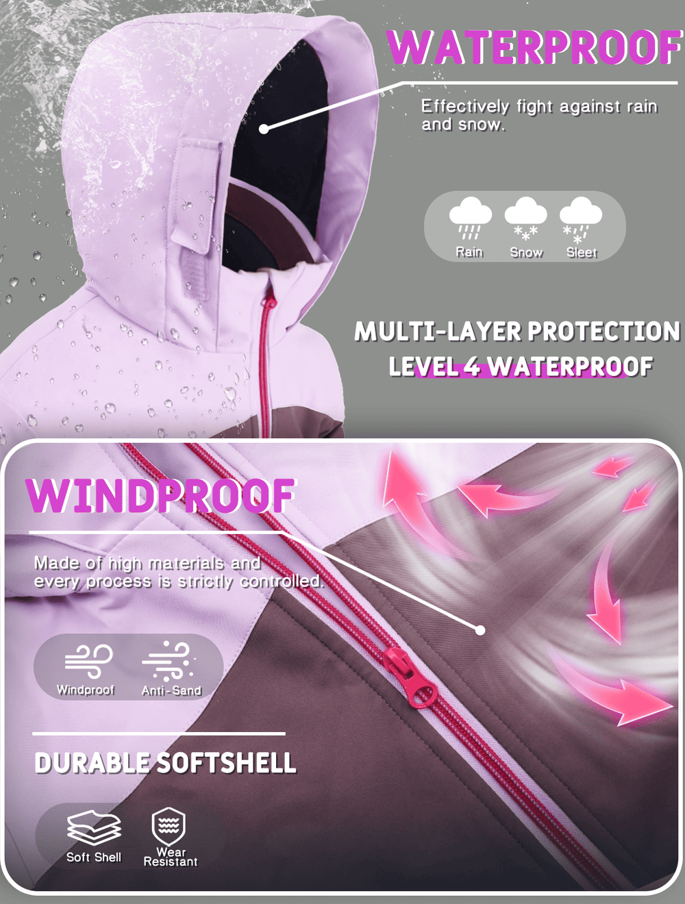 GEMYSE Girls Winter Coat Waterproof Windproof Girls Ski Jacket with Hood Kids Quilted Outerwear