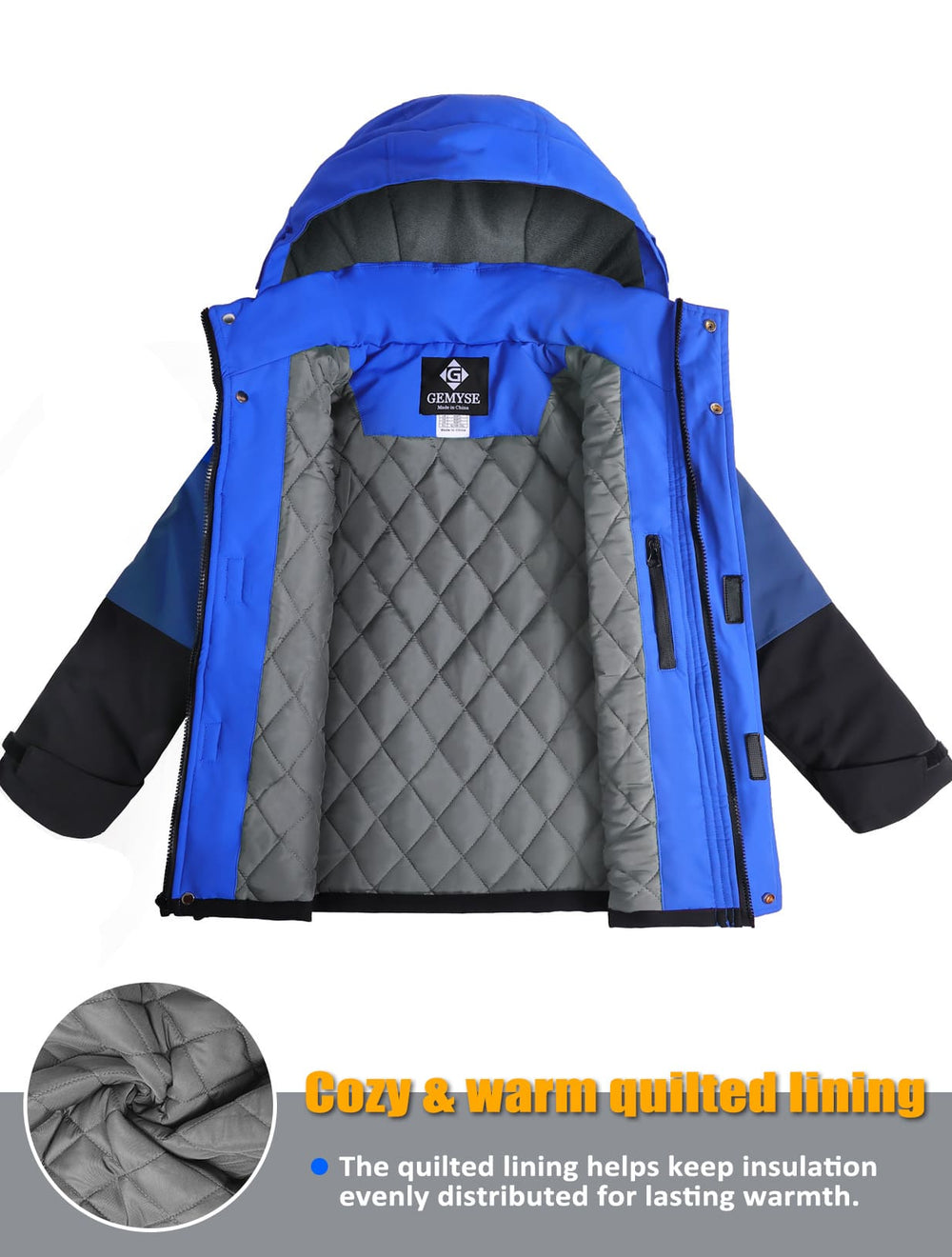 GEMYSE Boys Winter Coat Waterproof Windproof Boys Ski Jacket with Hood Kids Insulated Quilted Outerwear
