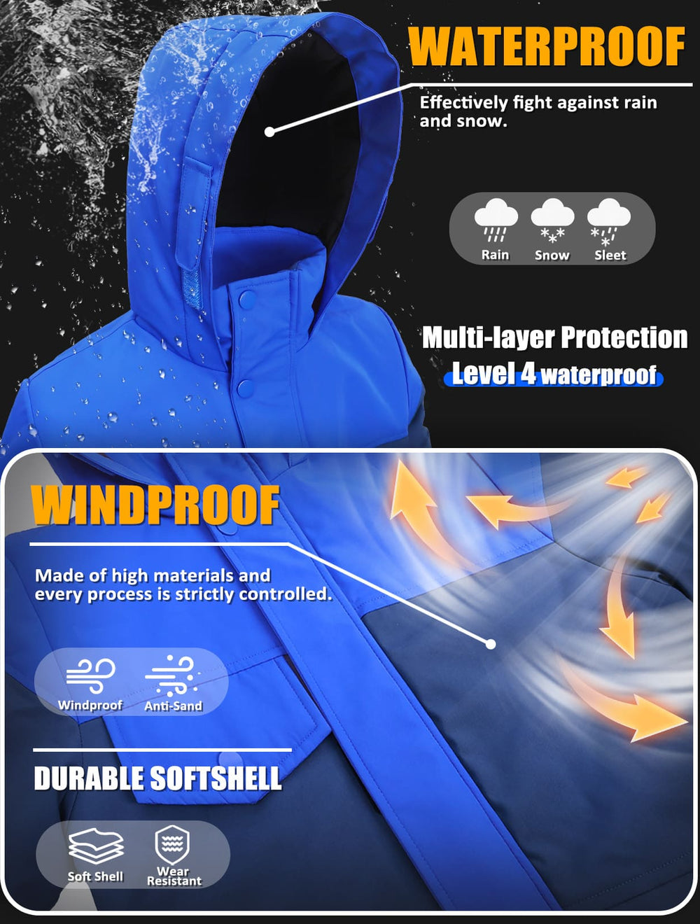 GEMYSE Boys Winter Coat Waterproof Windproof Boys Ski Jacket with Hood Kids Insulated Quilted Outerwear