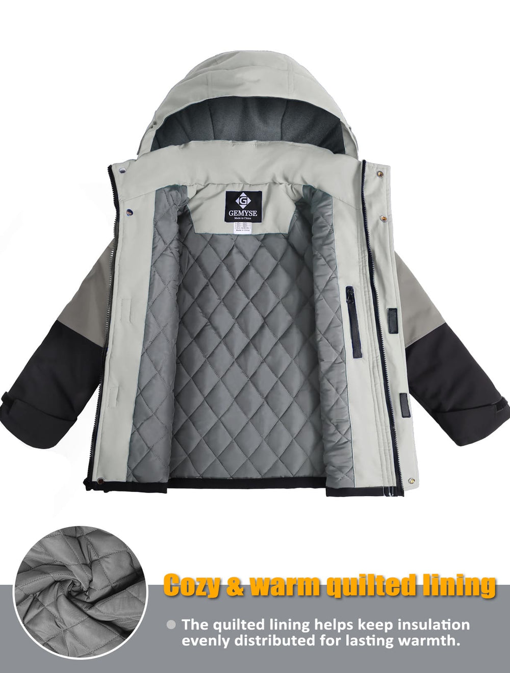 GEMYSE Boys Winter Coat Waterproof Windproof Boys Ski Jacket with Hood Kids Insulated Quilted Outerwear