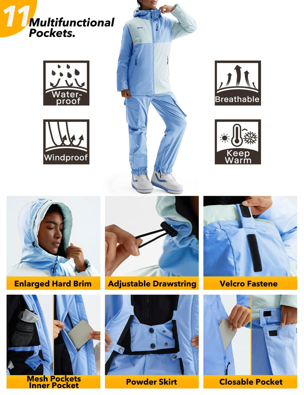 GEMYSE Women's Ski Snow Jackets and Pants Set Windproof Waterproof Snowsuit Warm Winter Snowboarding Insulated Coat