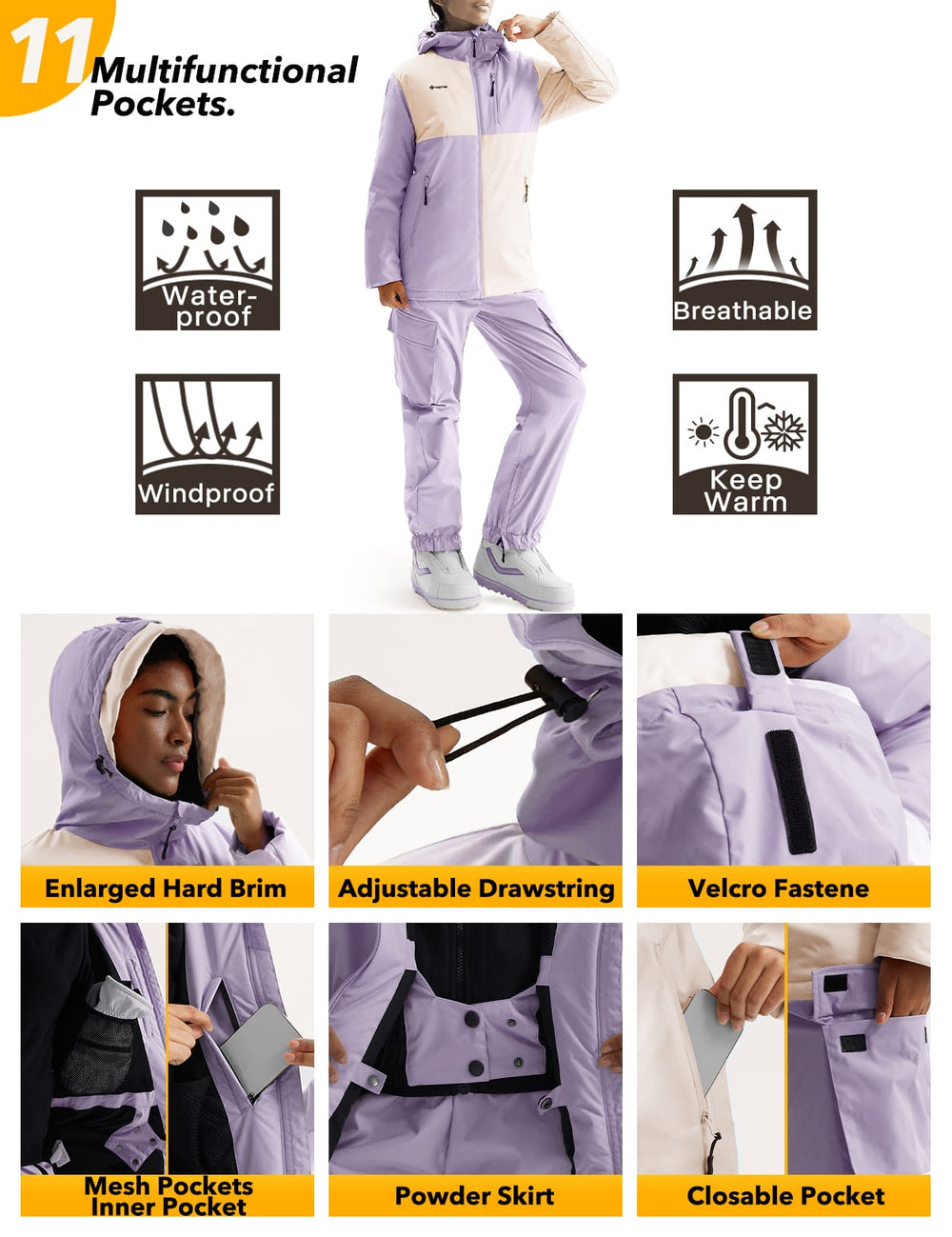 GEMYSE Women's Ski Snow Jackets and Pants Set Windproof Waterproof Snowsuit Warm Winter Snowboarding Insulated Coat