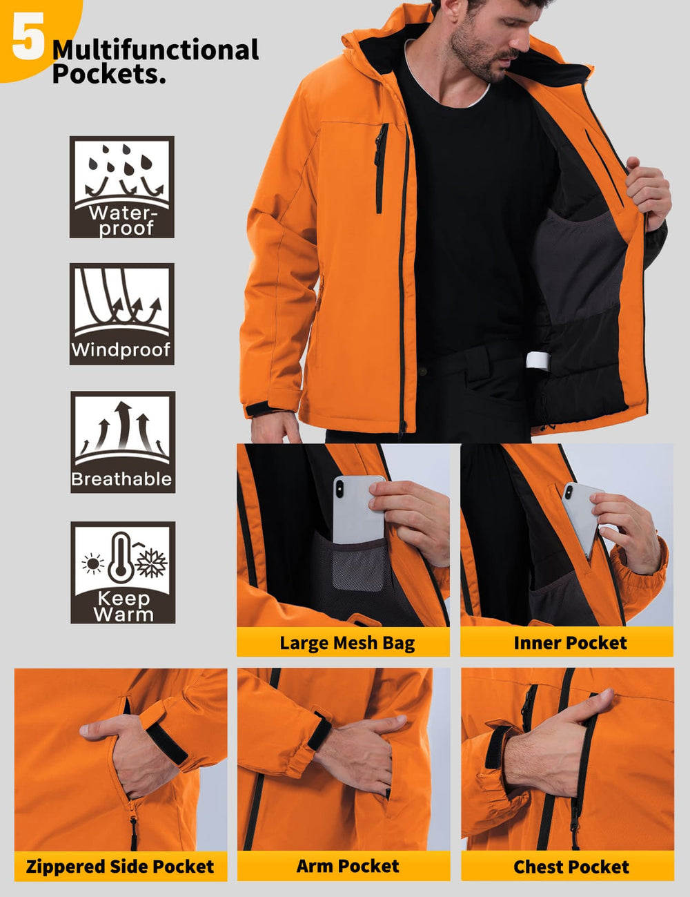 GEMYSE Men's Ski Jacket Winter Coats Waterproof Snow Jacket Warm Parka Hooded Raincoats with Multi-Pockets