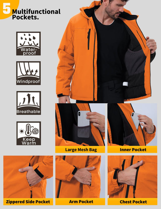 GEMYSE Men's Ski Jacket Winter Coats Waterproof Snow Jacket Warm Parka Hooded Raincoats with Multi-Pockets(Black,Small)