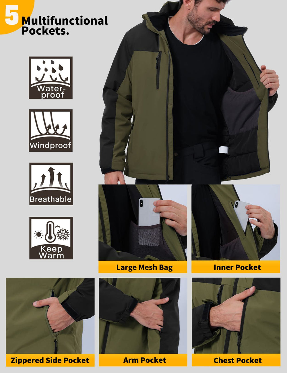 GEMYSE Men's Ski Jacket Winter Coats Waterproof Snow Jacket Warm Parka Hooded Raincoats with Multi-Pockets