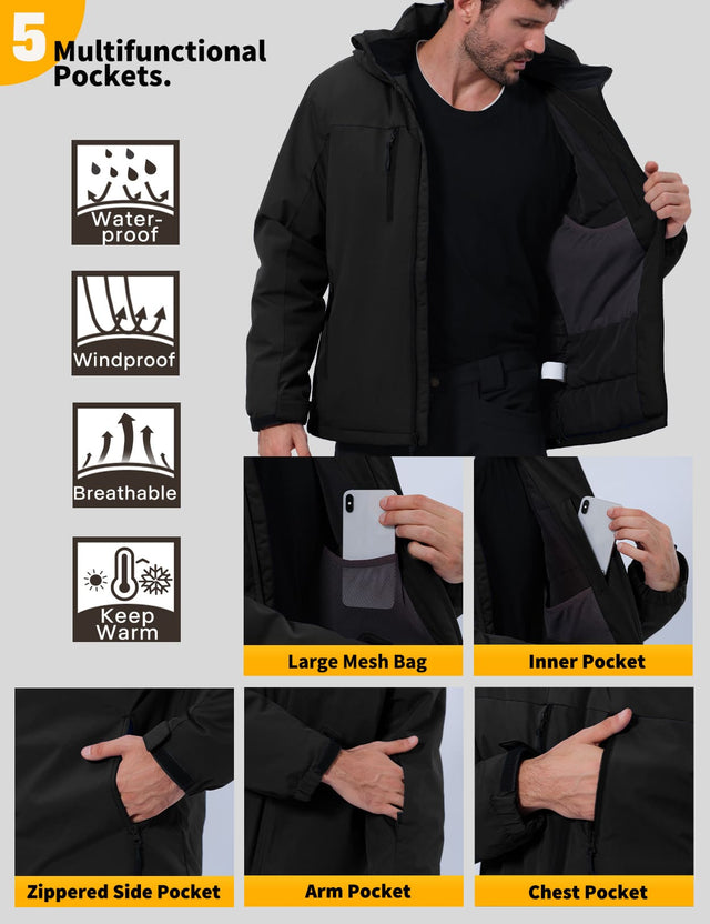GEMYSE Men's Ski Jacket Winter Coats Waterproof Snow Jacket Warm Parka Hooded Raincoats with Multi-Pockets(Black,Small)