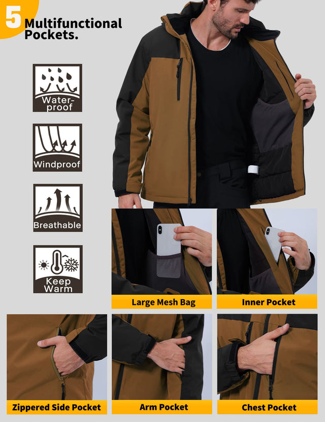 GEMYSE Men's Ski Jacket Winter Coats Waterproof Snow Jacket Warm Parka Hooded Raincoats with Multi-Pockets(Black,Small)