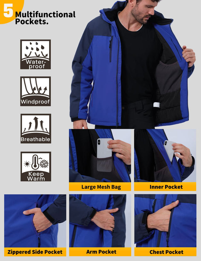 GEMYSE Men's Ski Jacket Winter Coats Waterproof Snow Jacket Warm Parka Hooded Raincoats with Multi-Pockets(Black,Small)