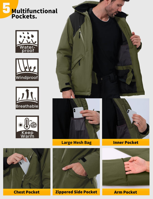 GEMYSE Men's Winter Ski Jacket Snow Coats Waterproof Snowboard Jacket Hooded insulated Windproof Parka With Multi-Pockets(Black,Small)