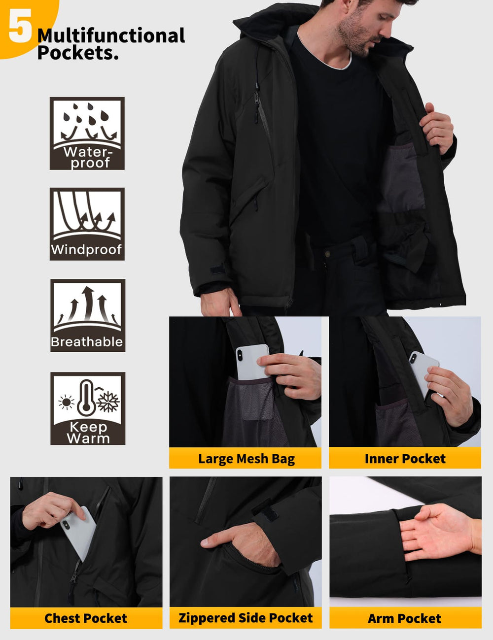 GEMYSE Men's Winter Ski Jacket Snow Coats Waterproof Snowboard Jacket Hooded insulated Windproof Parka With Multi-Pockets