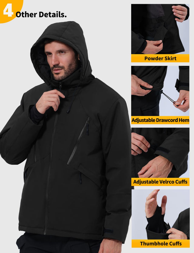 GEMYSE Men's Winter Ski Jacket Snow Coats Waterproof Snowboard Jacket Hooded insulated Windproof Parka With Multi-Pockets(Black,Small)