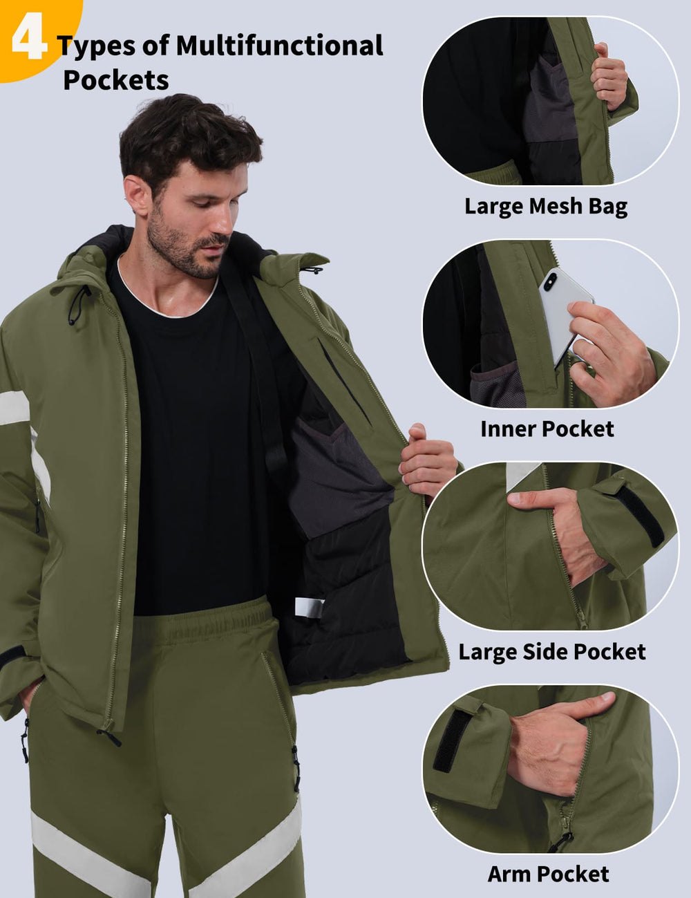 GEMYSE Men's Ski Suit Waterproof Snow Suit Winter snowboard Jacket and Pants Set Hooded ski outfits with Reflective Trim