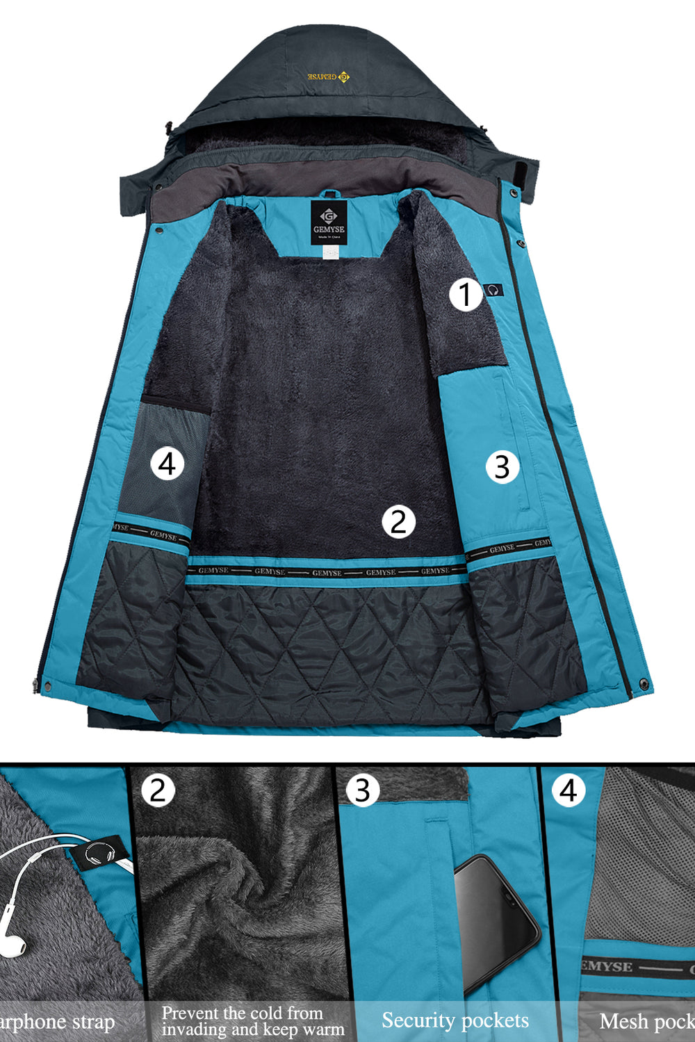 GEMYSE Women's Ski Snow Jacket Warm Winter Waterproof Coat Snowboard Rain Jacket Hooded Windproof Windbreaker