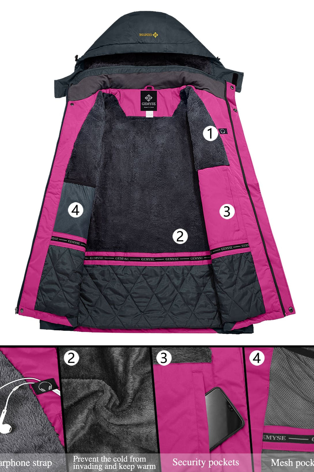 GEMYSE Women's Ski Snow Jacket Warm Winter Waterproof Coat Snowboard Rain Jacket Hooded Windproof Windbreaker